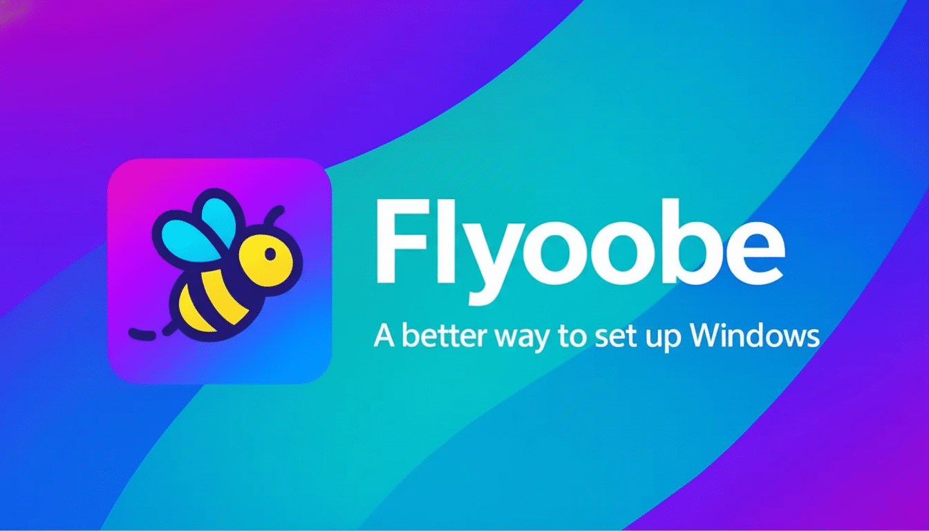 The Flyoobe logo, a cartoon bee in a purple and pink app icon, next to the word Flyoobe and the slogan A better way to set up Windows on a vibrant pur