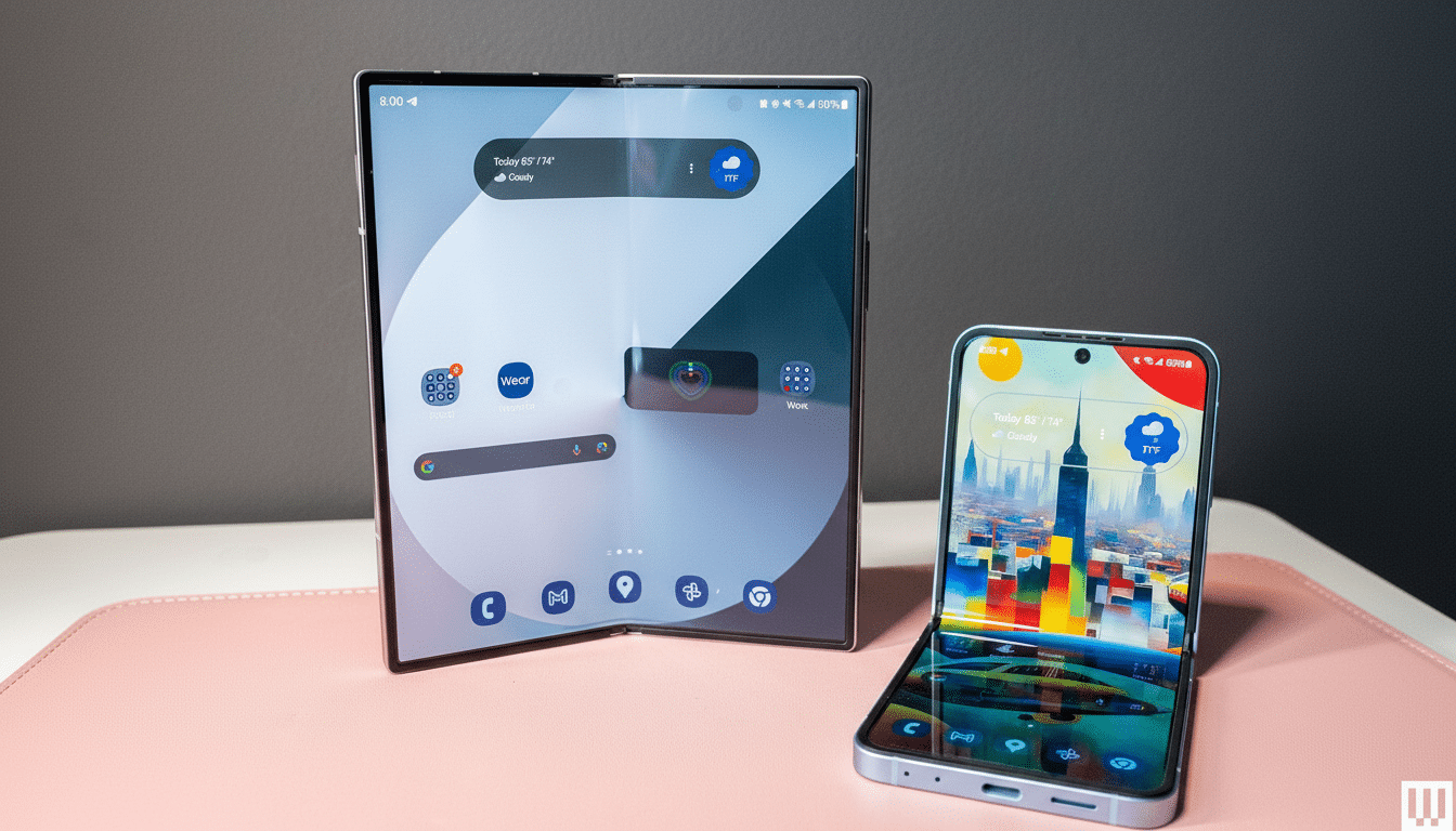 A large , open foldable smartphone stands next to a smaller , clams hell-style foldable smartphone. Filename : foldable phonescomparison .png