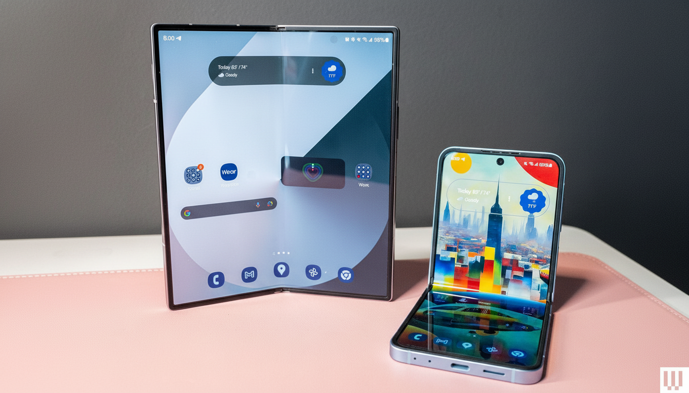 Two foldable smartphones are displayed on a light pink surface against a dark gray background . The larger phone , standing upright and unfolded, shows a homes creen with various app icons and weather information. The smaller , clams hell-style phone is partially folded , displaying a colorful city landscape wallpaper and similar app icons.