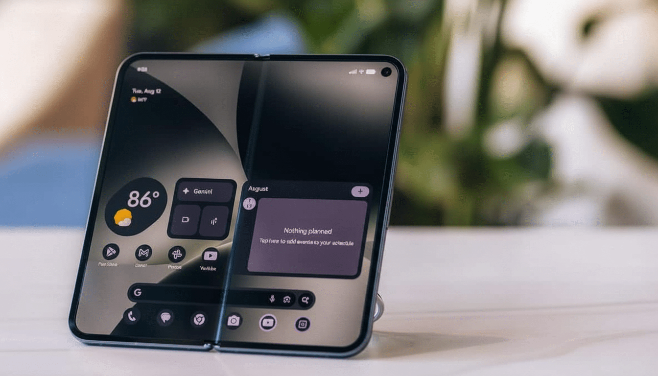 A modern foldable smartphone with a black screen displaying widgets and app icons, set against a blurred background.