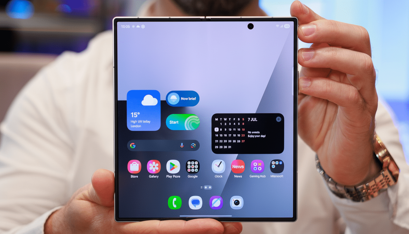 A person holding a foldable smartphone with its screen displaying various app icons and widgets.