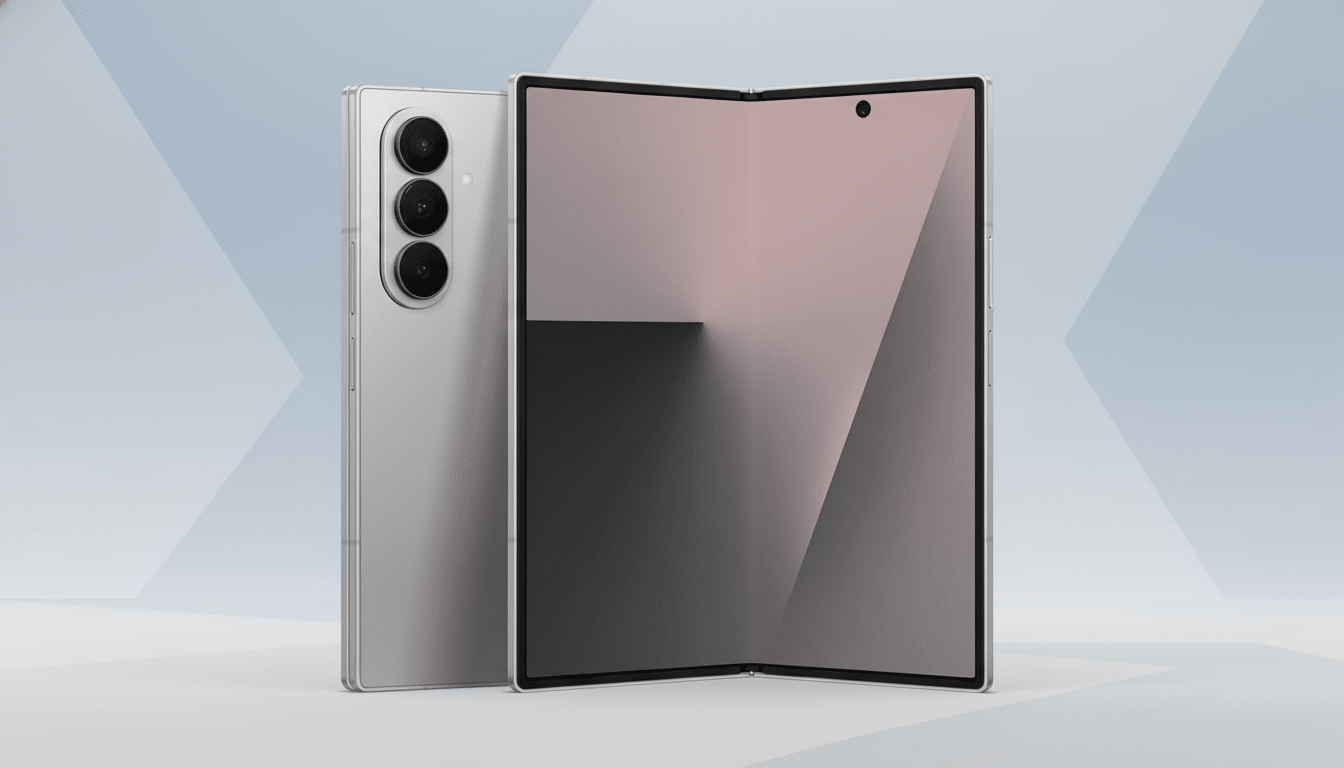 A silver foldable smartphone displayed from the back and front, with the front screen partially open, set against a professional light grey background