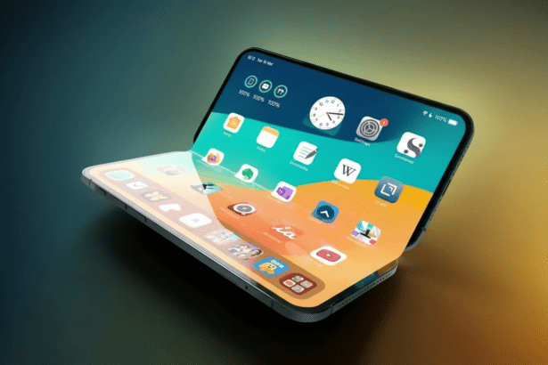 A foldable smartphone displayed in a half -open position , showcasing a vibrant app interface on its screens . The background features a subtle gradient from dark teal to warm orange. Filename : foldablesmartphone display .png