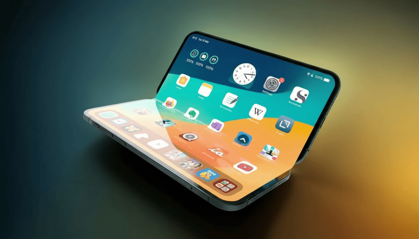 A foldable smartphone displayed in a half -open position , showcasing a vibrant app interface on its screens . The background features a subtle gradient from dark teal to warm orange. Filename : foldablesmartphone display .png