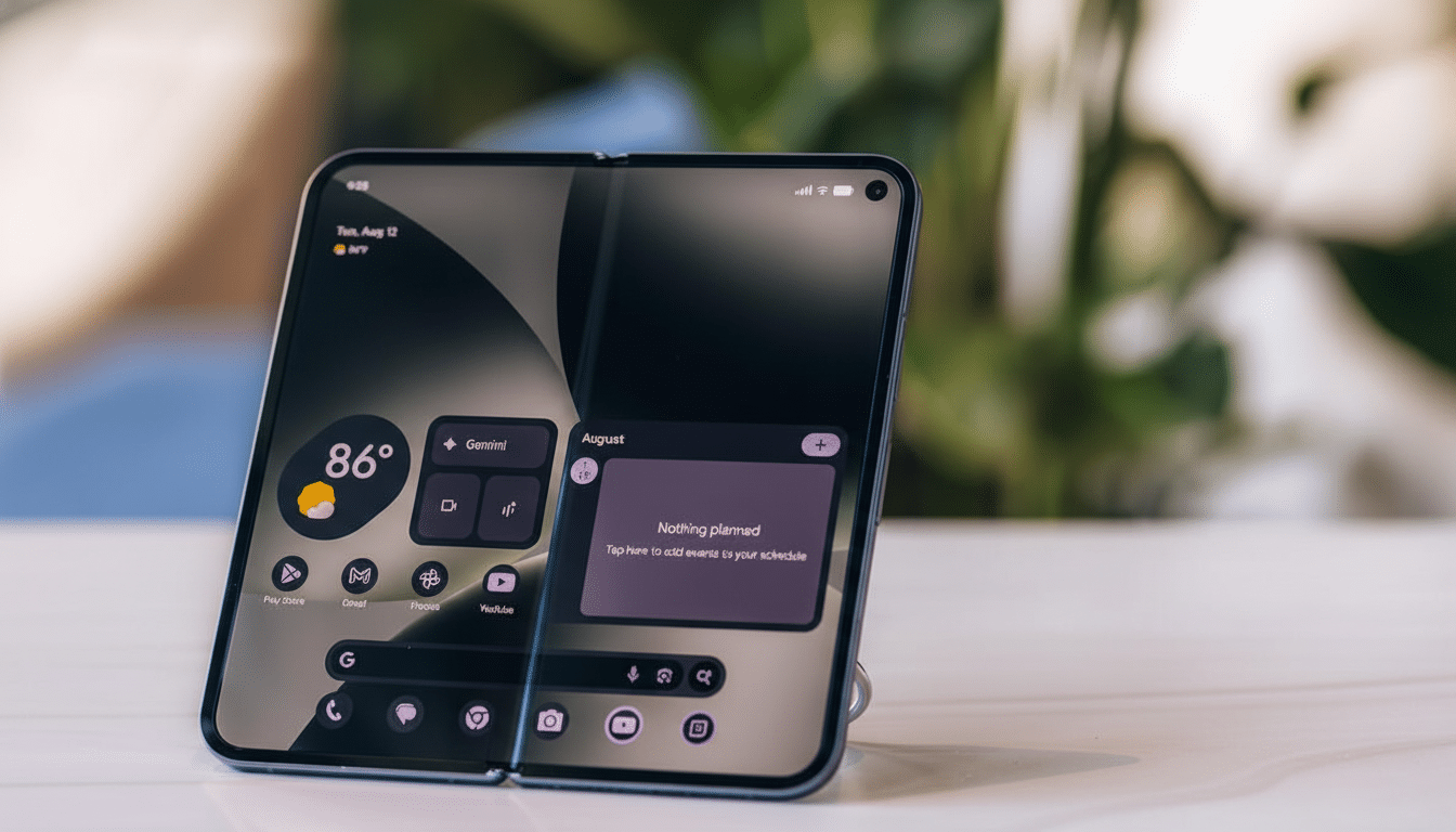 A modern foldable smartphone with a visible crease in the center , displaying various app icons, weather information , and a calendar widget with Nothing planned on its screen, set against a softly blurred indoor background with plants.