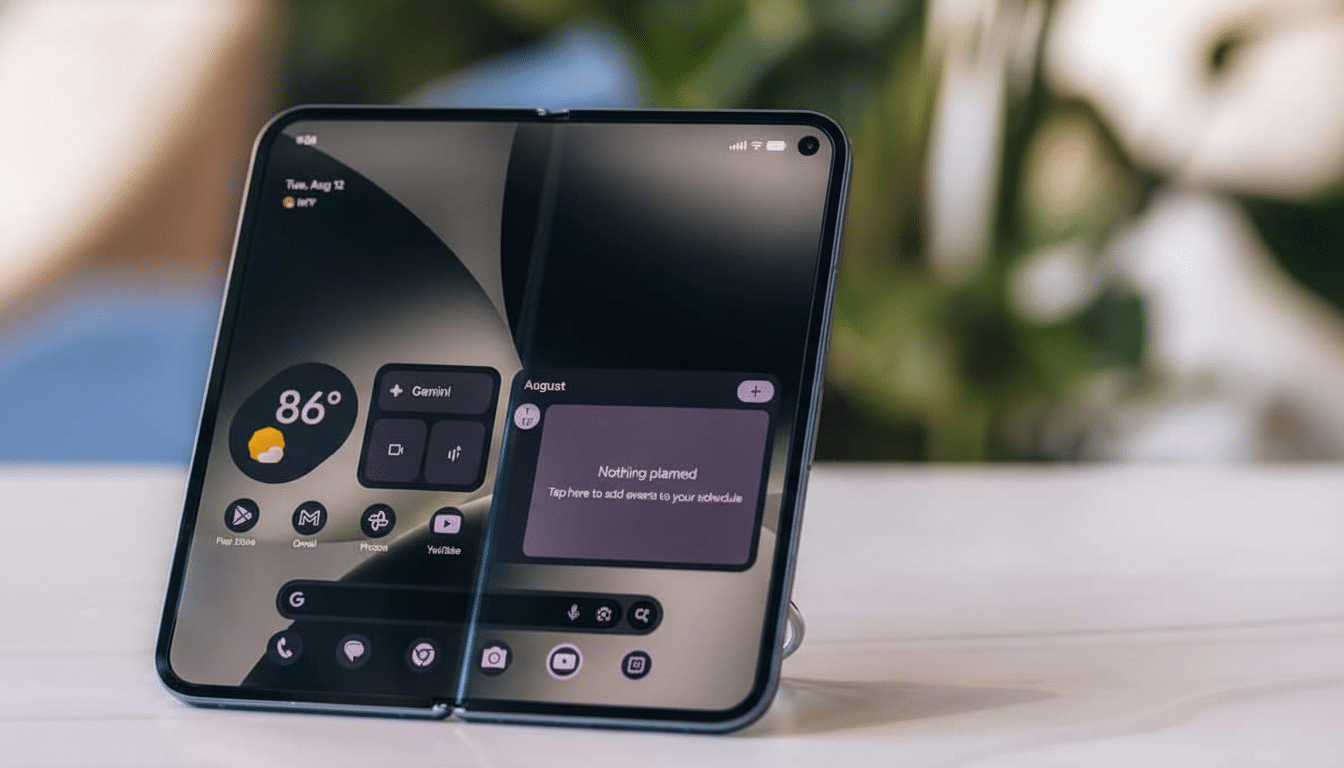 A modern foldable smartphone with a dark interface displaying widgets for weather, apps , and a calendar, set against a softly blurred indoor background. Filename : foldablesmartphone display .png