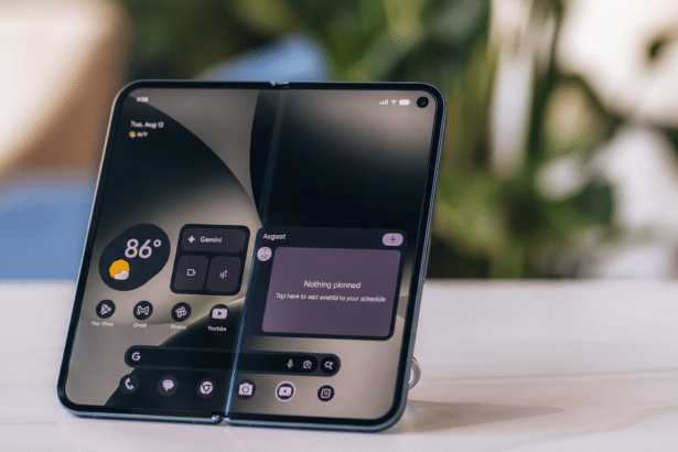 A modern smartphone with a foldable screen, displaying various apps and widgets , set against a blurred background.