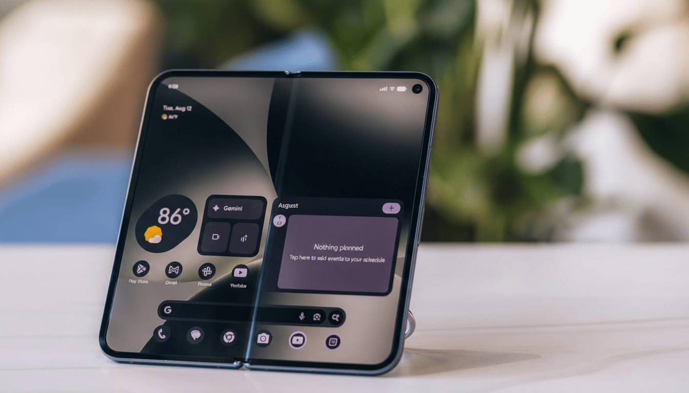 A modern smartphone with a foldable screen, displaying various apps and widgets , set against a blurred background.