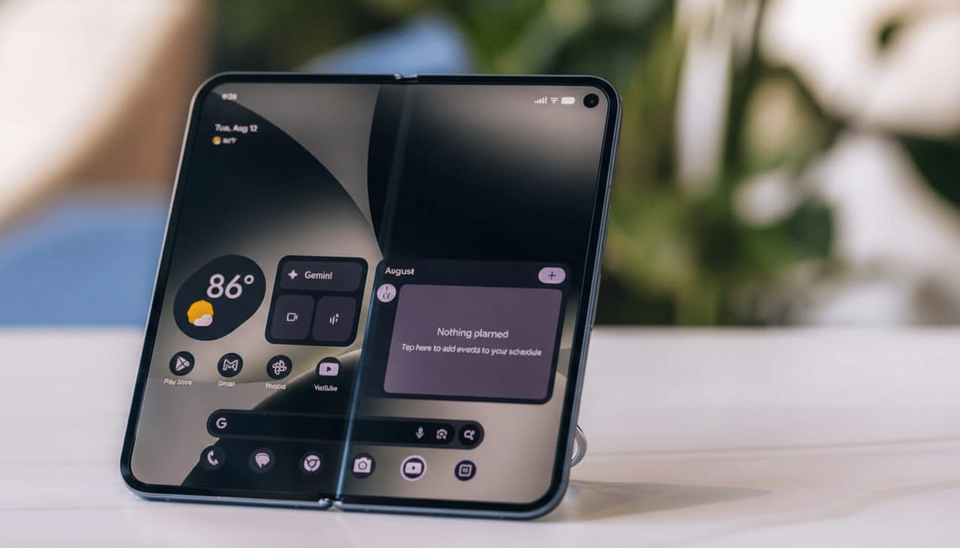 A modern foldable smartphone displaying widgets for weather, calendar, and apps , presented at a slight angle on a light surface with a blurred professional background. Filename : foldable smartphonedisplay .png