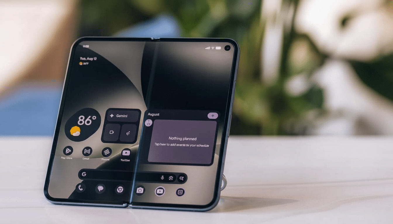 A close-up shot of a foldable smartphone, displaying a customized home screen with various app icons, weather information , and a calendar widget on a blurred background. Filename : foldable smartphonedisplay .png