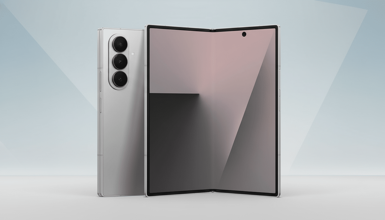 A silver foldable smartphone displayed with its back panel visible and its screen partially folded open, set against a professional soft gradient background.