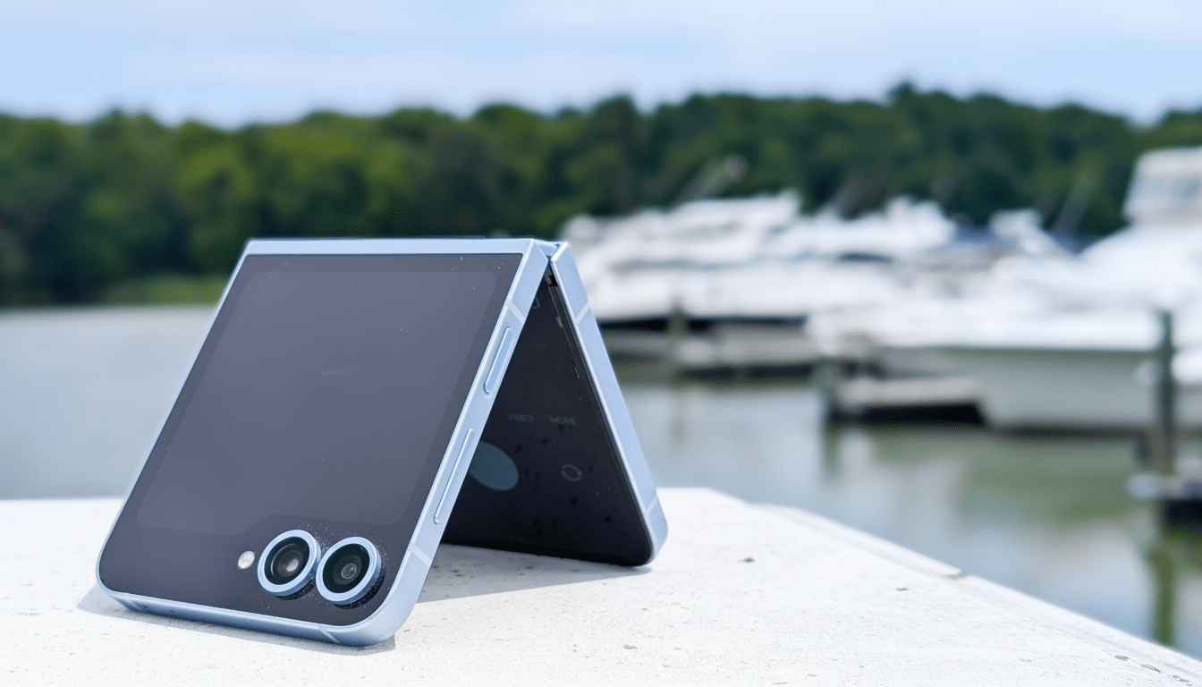 A light blue foldable smartphone with its screen partially open, resting on a white surface with a blurred background of boats in a harbor.