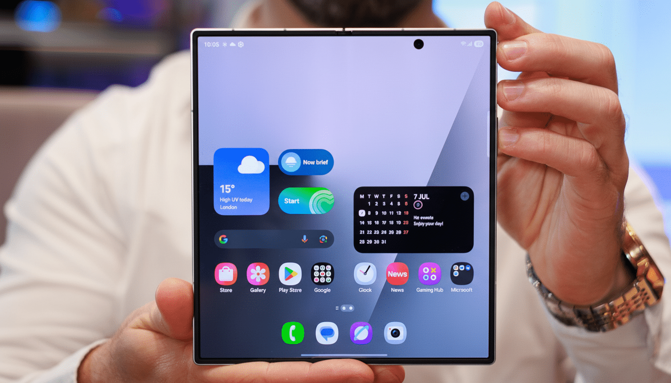 A person holding a foldable smartphone with its screen displaying the home interface with app icons and widgets.