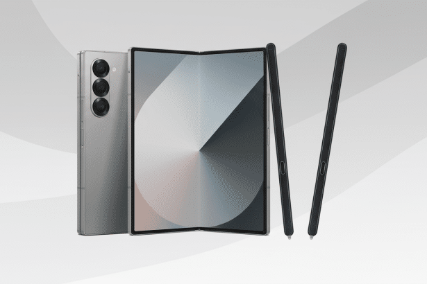 A professional shot of a silver foldable smartphone with a black stylus, presented against a soft gray background with subtle wave patterns. The phone is shown from the back and also opened , revealing a screen with abstract gray and white patterns. Filename : foldable smartphonestyl usprofessional .png