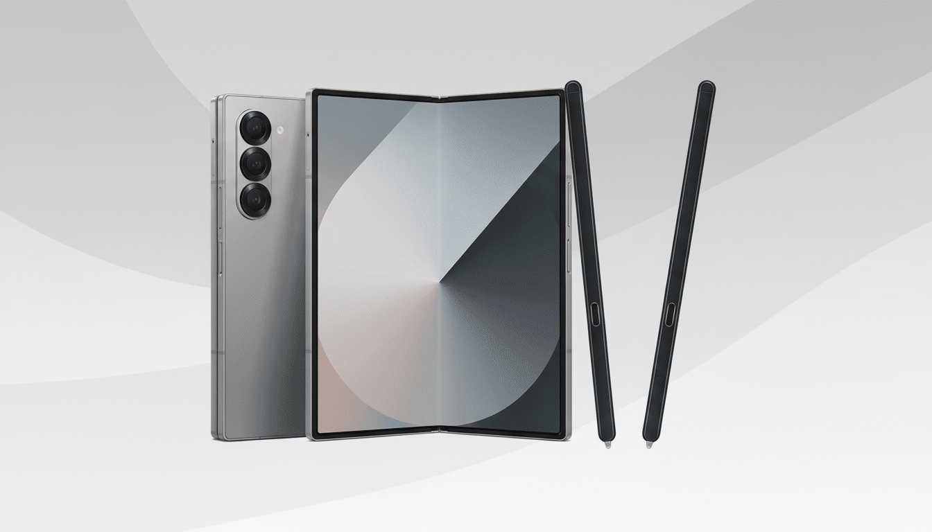 A professional shot of a silver foldable smartphone with a black stylus, presented against a soft gray background with subtle wave patterns. The phone is shown from the back and also opened , revealing a screen with abstract gray and white patterns. Filename : foldable smartphonestyl usprofessional .png