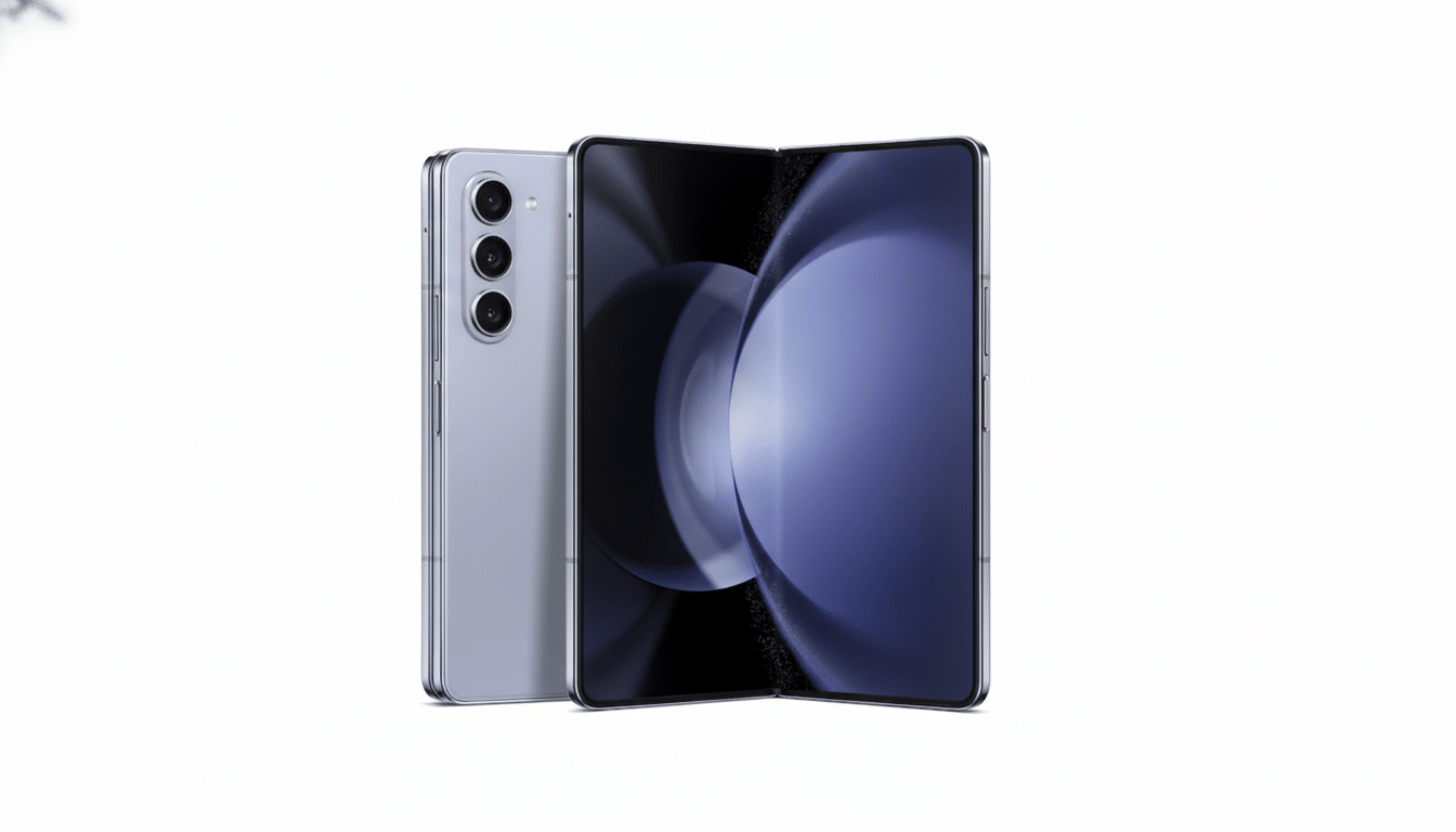 A professional image of a light grey foldable smartphone, with its back visible showing a triple camera setup, and the front screen partially open, displaying a purple and black abstract wallpaper . The phone is centered against a clean white background .