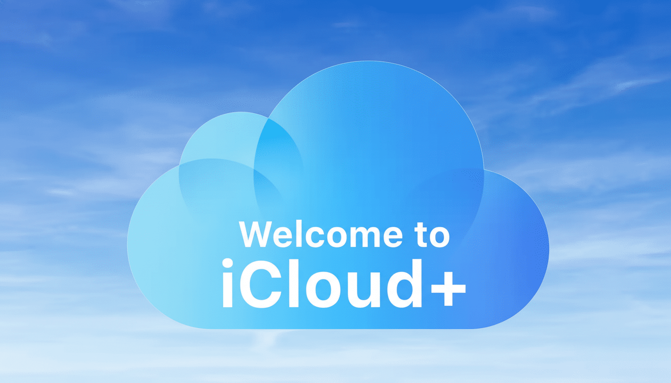 A blue cloud icon with the text Welcome to iCloud+ in white, set against a bright blue sky with wis py clouds.