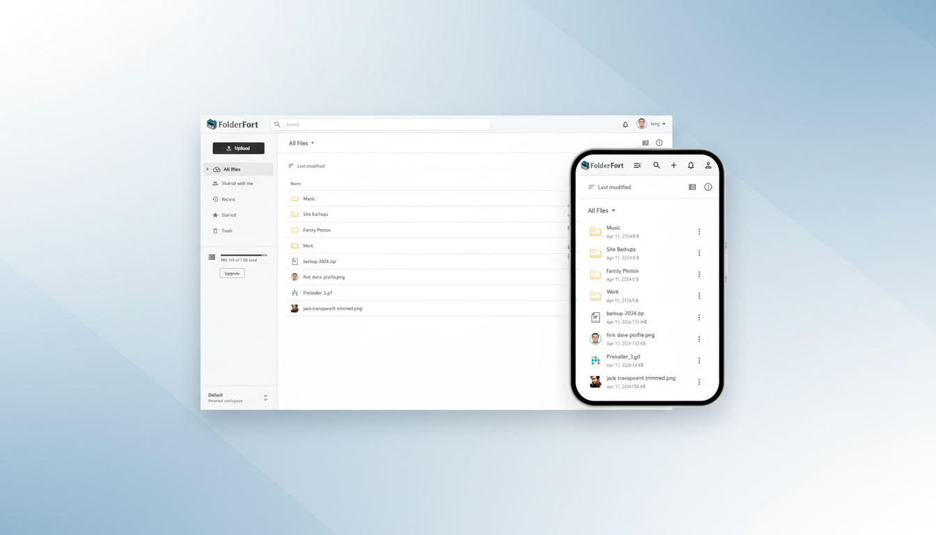 A desktop and mobile view of the FolderFort file management application, showcasing a list of files and folders. The desktop interface is on the left, and a smartphone displaying the mobile version is overlaid on the right. The background is a professional flat design with soft blue gradients.