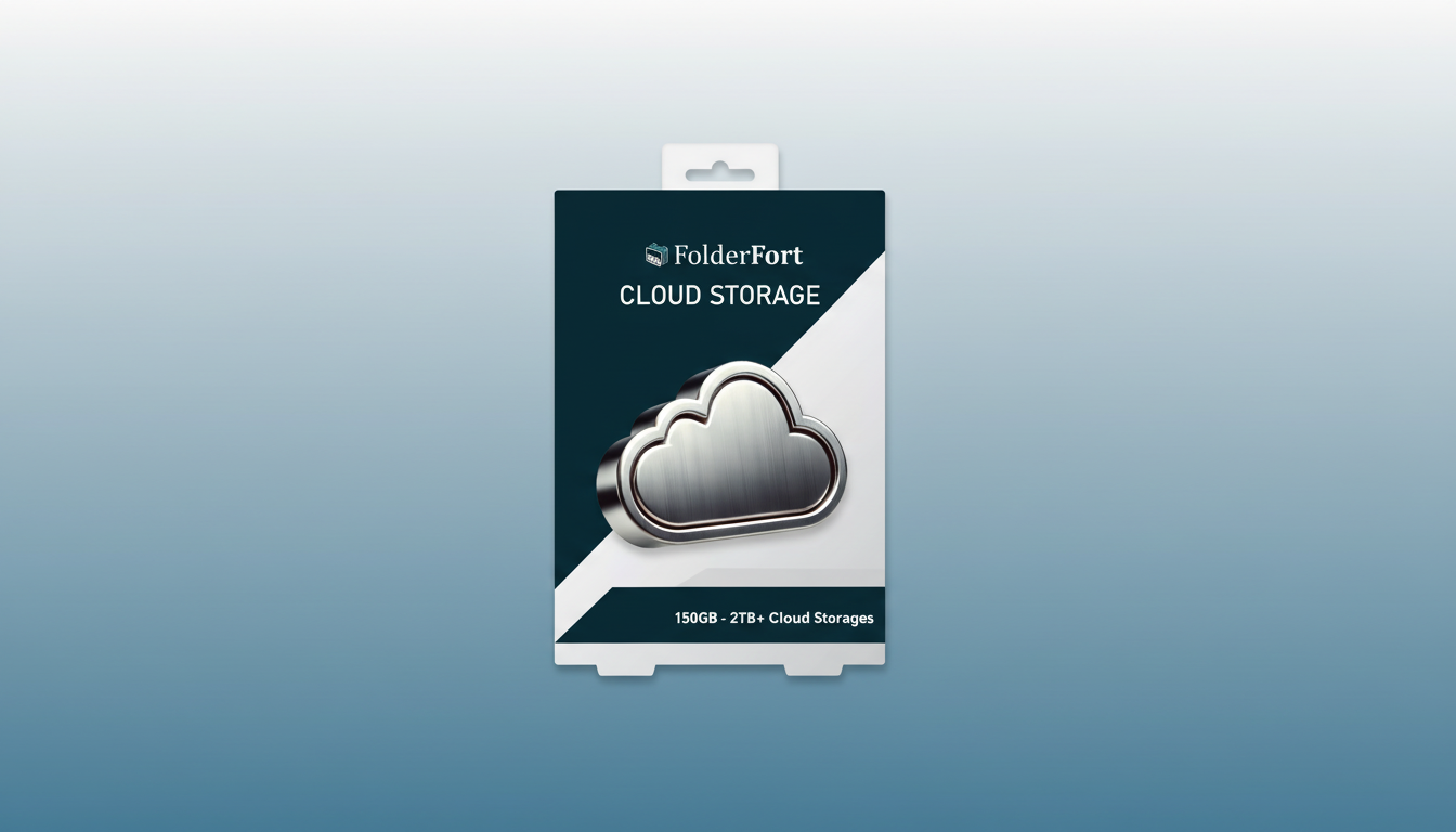 A 16:9 aspect ratio image of a FolderFort Cloud Storage box featuring a metallic cloud icon, set against a professional flat design background with a soft blue gradient.