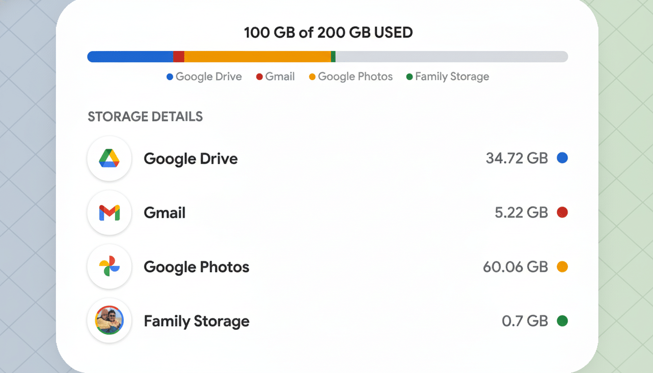 A white rectangle showing Google storage details with usage broken down by Google Drive, Gmail, Google Photos, and Family Storage, set against a backg