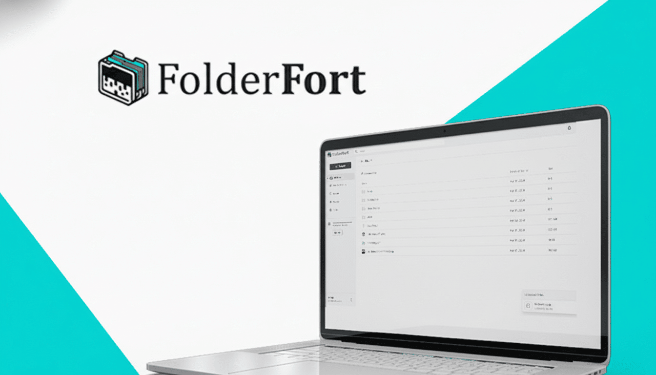 FolderFort logo and laptop displaying the Folder Fort application on a flat professional background .