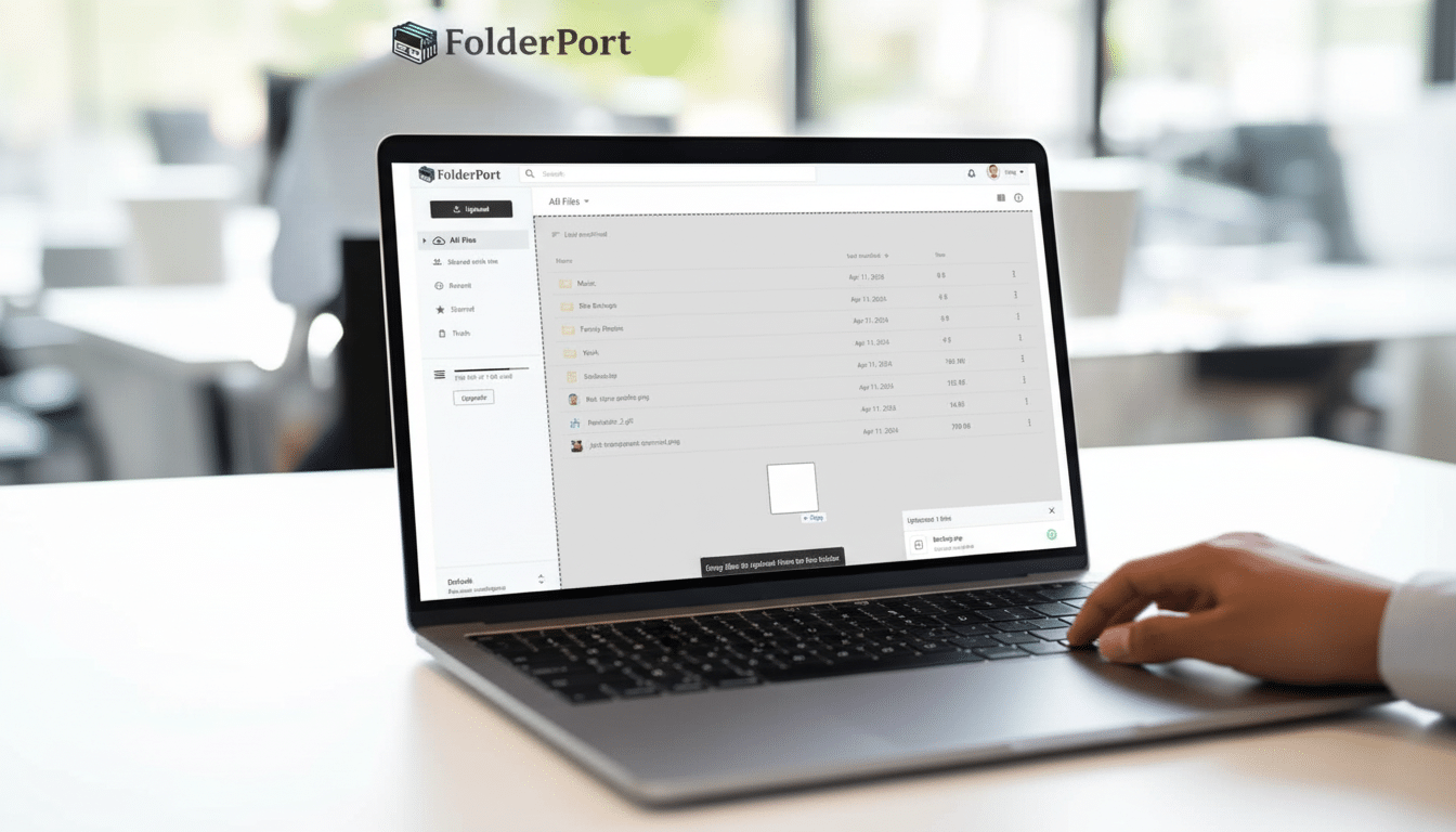 A professional image of a Folder Port application on a laptop screen, with a person 's hand typing on the keyboard. The background features a blurred modern office setting.