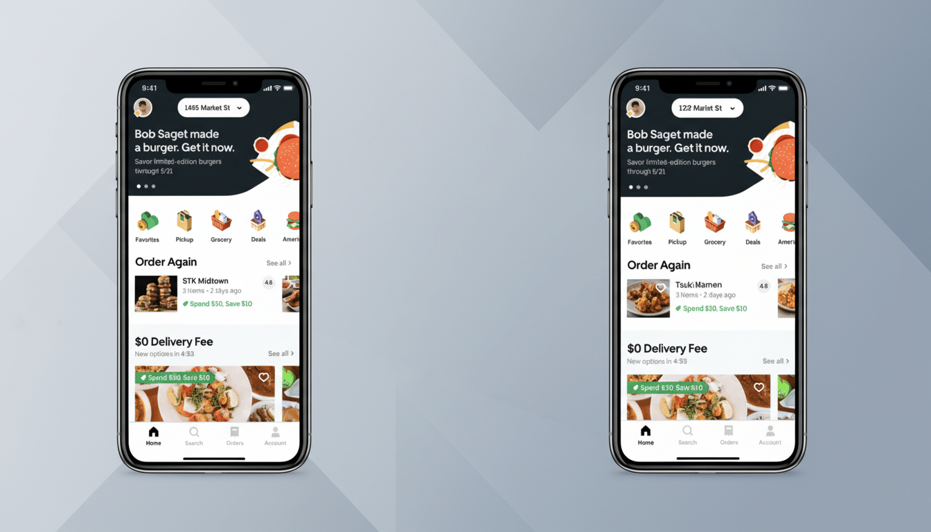 A professional , enhanced image featuring two mobile phone screens displaying food delivery app interfaces. The screens showcase different sections like promotions for limited -edition burgers, Order Again options , Hidden Gems , and Healthy Eating categories, all set against a clean , light gray background with a subtle , soft pattern.