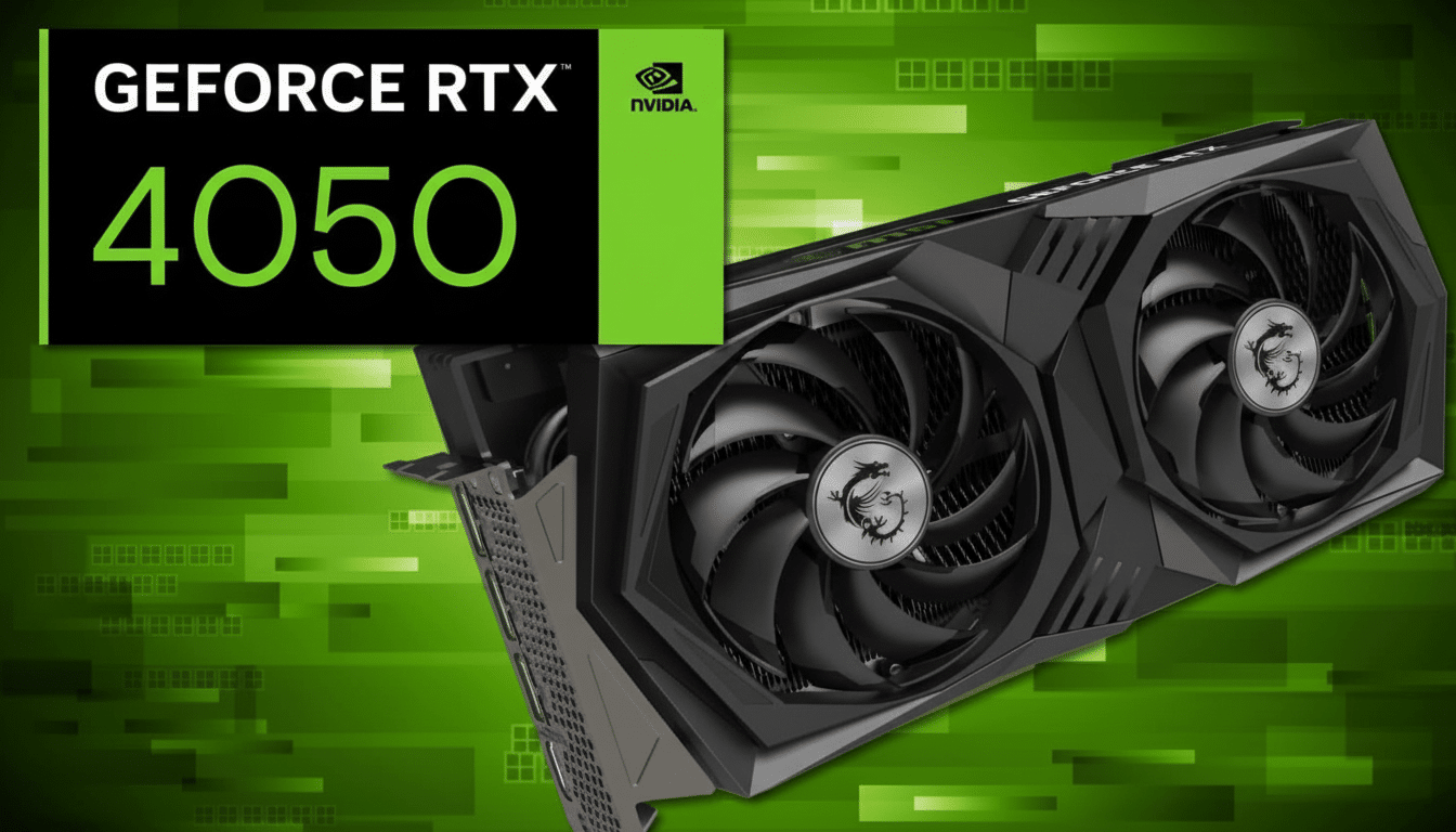 Nvidia GeForce RTX 4 050 graphics card with a green and black background.
