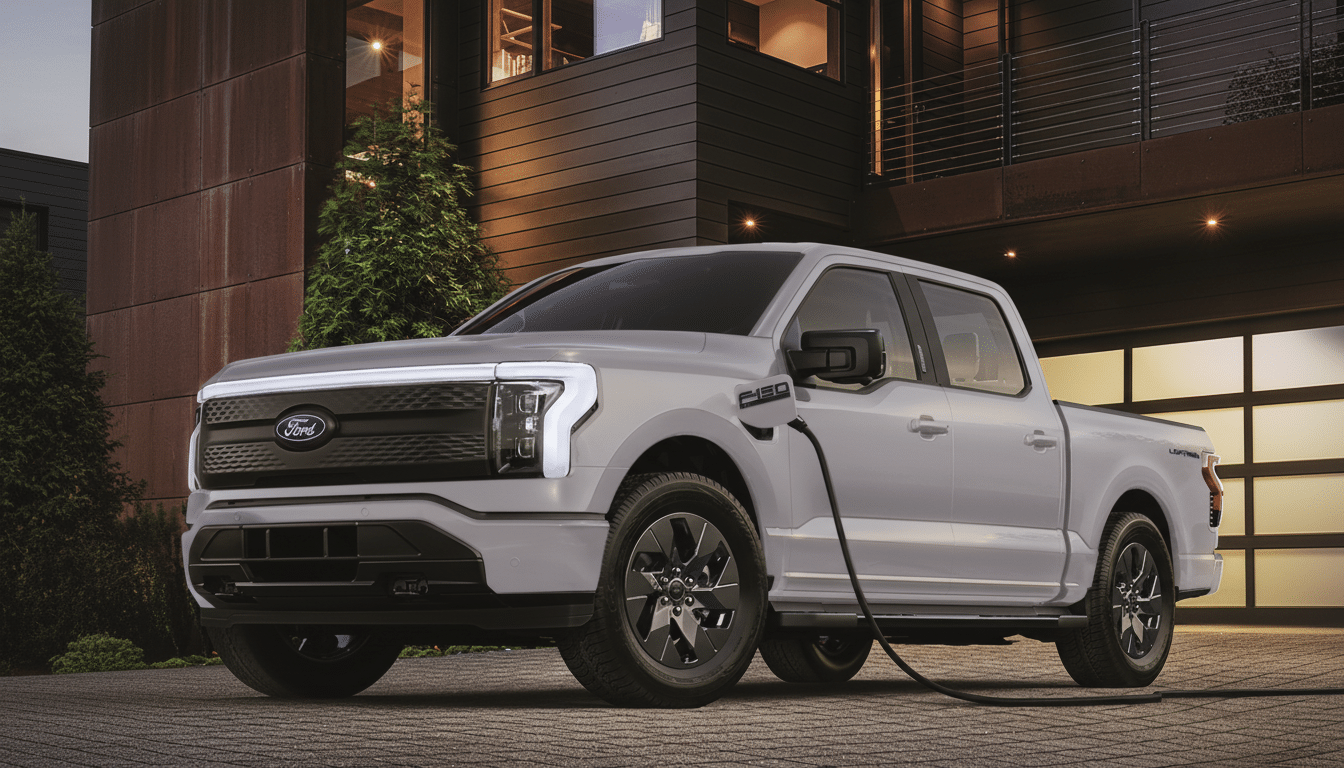 A professional shot of a silver Ford F-1 50 Lightning electric pickup truck, parked and charging outside a modern building with warm interior lighting and architectural details, set against an evening sky.