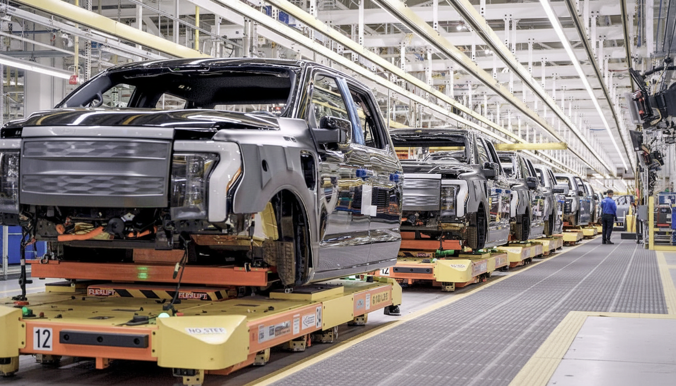 A production line of Ford F-150 Lightning electric pickup trucks in various stages of assembly, with a worker in a blue shirt visible in the background.