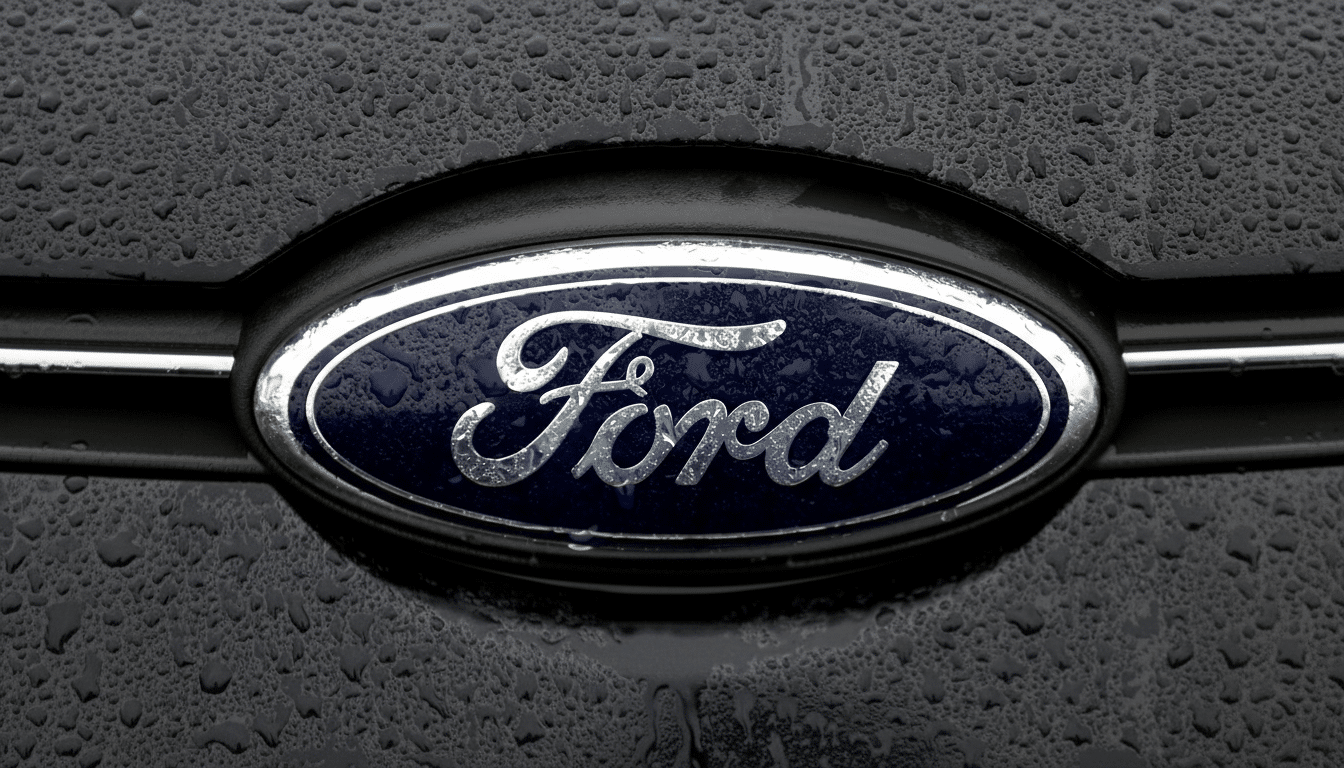 text : Close -up of a Ford logo with raindrops on a dark, textured surface, showcasing the silver