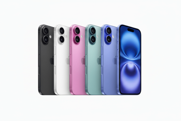 Six iPhones in various colors ( black, white, pink, green, purple, and blue) are displayed in a row on a white background, with the blue phone facing