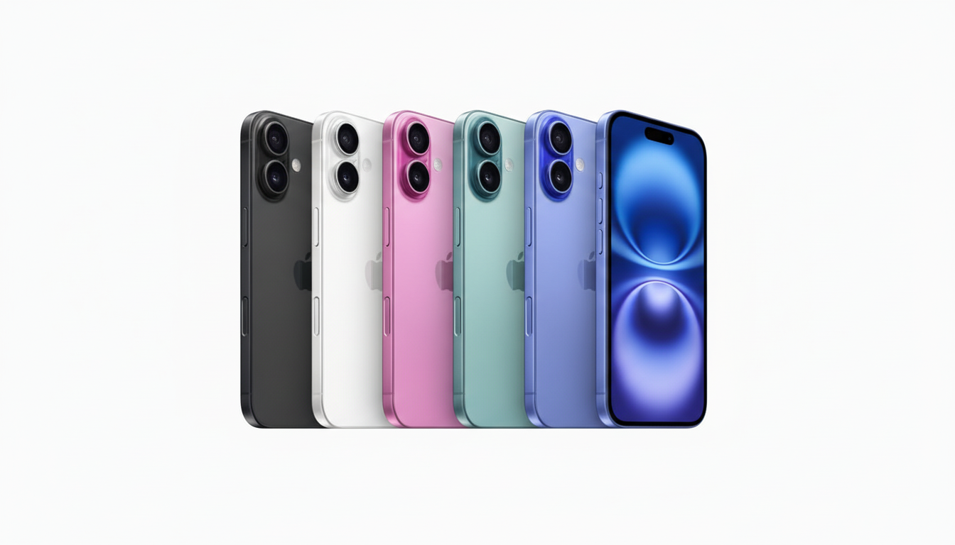 Six iPhones in various colors ( black, white, pink, green, purple, and blue) are displayed in a row on a white background, with the blue phone facing