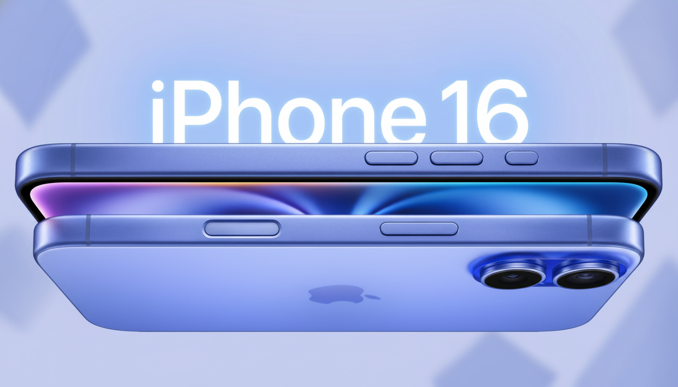 Two purple iPhone 16 devices stacked, displaying the iPhone 16 logo with a soft blue glow.