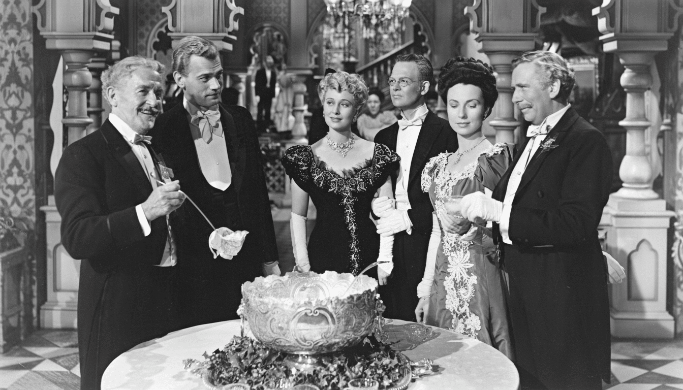 A black and white image of six formally dressed people standing around a large ornate punch bowl, appearing to be at a fancy event or party .