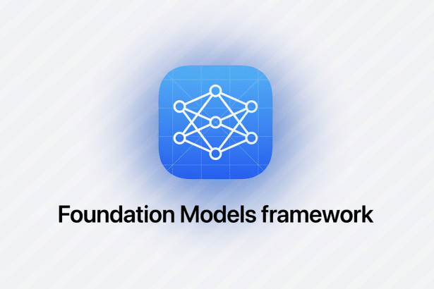 An image showing a blue app icon with a white network diagram , and the text Foundation Models framework below it, set against a light grey background with subtle diagonal lines .