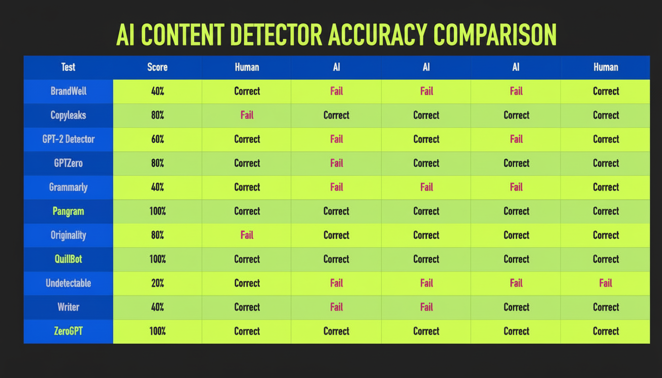 A table comparing the accuracy of various AI content detectors, showing their performance against human and AI-generated text.