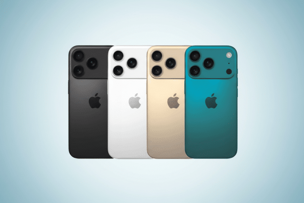 Four Apple phones in black, white, gold, and teal, professionally presented on a soft blue gradient background.
