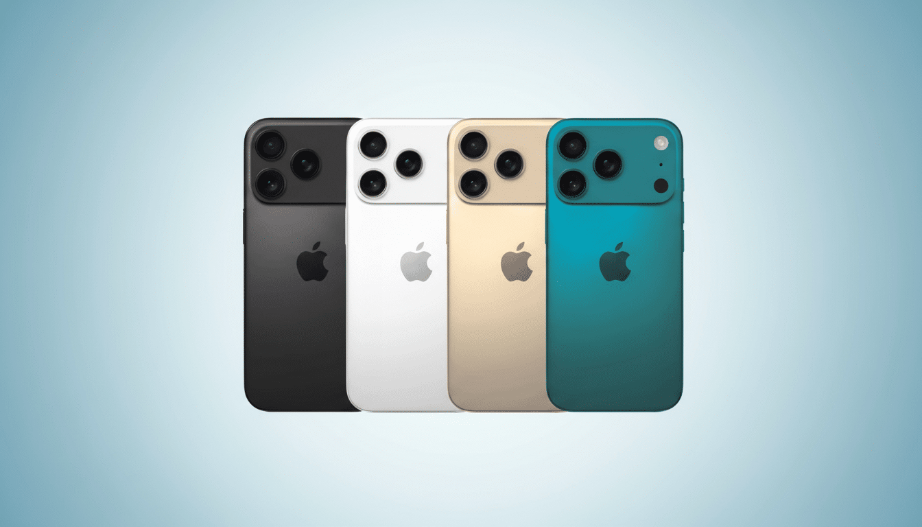 Four Apple phones in black, white, gold, and teal, professionally presented on a soft blue gradient background.