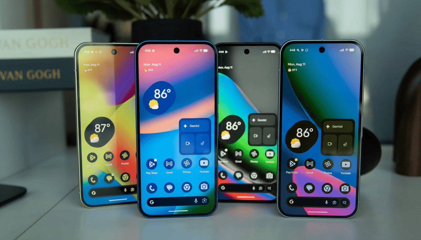 Four Google Pixel phones displayed side-by- side, each with vibrant , distinct wallpapers and widgets, showcasing their sleek design and user interface. Filename : fourgoogle pixelphones .png