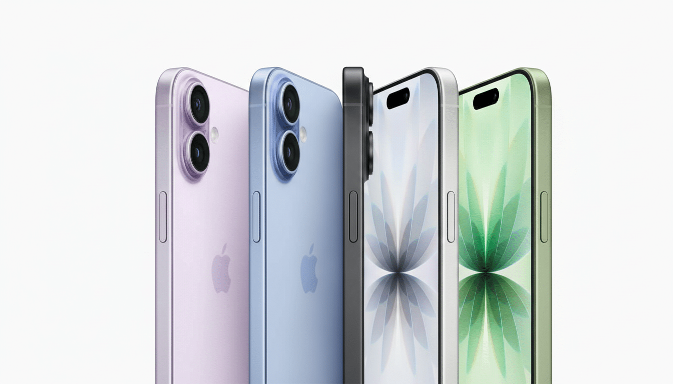 A professional shot of four iPhones in different colors (purple, blue, black, and green) lined up against a white background, resized to a 16: 9 aspec