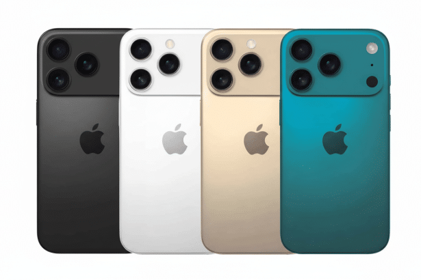 Four iPhones in black, white, gold, and teal colors, presented in a 1 6: 9 aspect ratio.