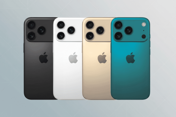 Four different colored iPhones , black, white , gold, and teal, are displayed in a row, with a subtle gradient background. Filename : fouriph onesprofessional .png