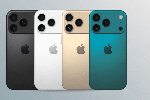 Four iPhones in black, white, gold, and teal colors, arranged in a row, with a professional flat gray background featuring subtle geometric patterns.