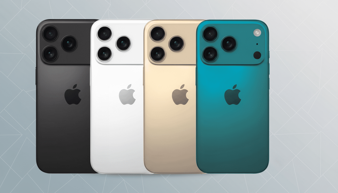 Four iPhones in black, white, gold, and teal colors, arranged in a row, with a professional flat gray background featuring subtle geometric patterns.