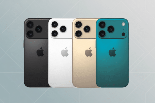 Four Apple iPhones in black, white, gold, and teal , arranged in a row against a professional flat g