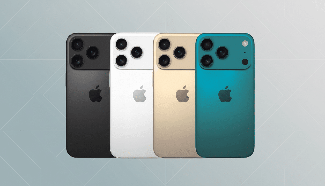 Four Apple iPhones in black, white, gold, and teal , arranged in a row against a professional flat g