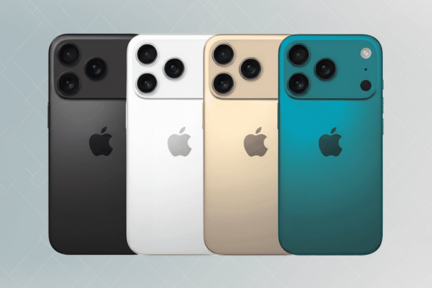 Four Apple iPhones in black, white, gold, and teal with a professional flat background.