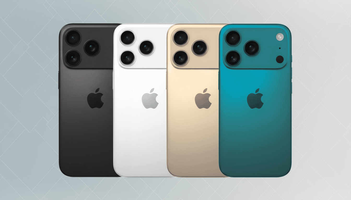 Four Apple iPhones in black, white, gold, and teal with a professional flat background.