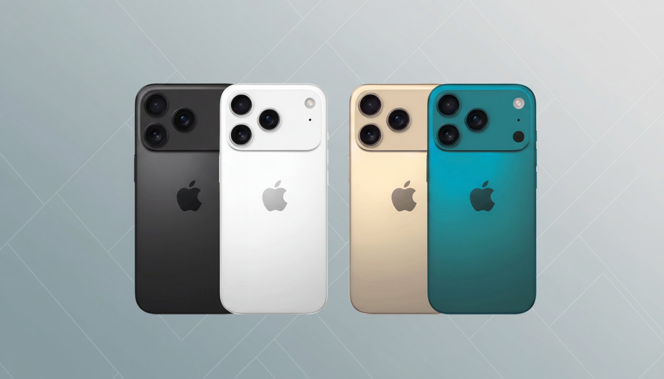 Four iPhones in black, white, gold, and teal, showcasing their rear design with triple camera systems and the Apple logo, against a professional flat